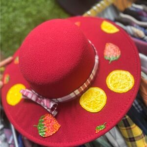 Red Hat with Fruit Embroidery